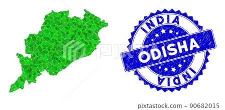 Rosette Grunge Stamp Seal And Green Vector Polygonal Odisha State Map mosaic 90682015