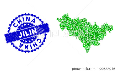 Rosette Rubber Badge With Green Vector Lowpoly Jilin Province Map mosaic 90682016