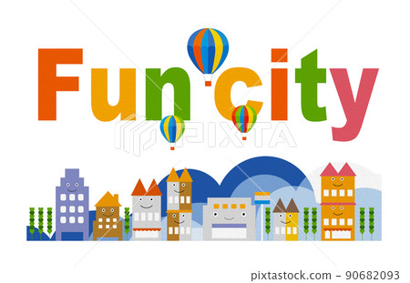 English. Oil-style embossing. Fun cityscape and living scenery. Building and town planning where people can live brightly. 90682093