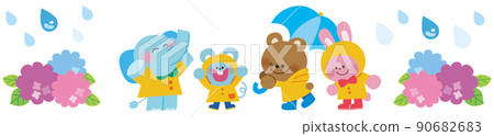 Illustration of an elephant, a mouse, a bear, and a rabbit going out on a rainy day 90682683