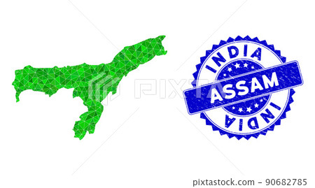 Rosette Rubber Stamp And Green Vector Lowpoly Assam State Map mosaic Rosette Rubber Stamp And Green Vector Lowpoly Assam State Map mosaic 90682785