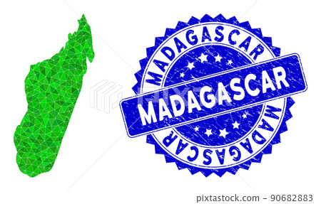 Rosette Scratched Stamp and Green Vector Polygonal Madagascar Island Map mosaic Rosette Scratched Stamp and Green Vector Polygonal Madagascar Island Map mosaic 90682883