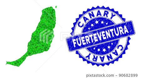 Rosette Grunge Stamp Seal and Green Vector Triangle Filled Fuerteventura Island Map mosaic 90682899