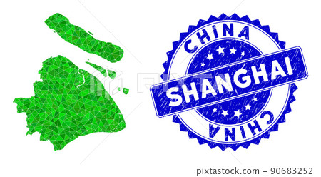 Rosette Textured Seal and Green Vector Polygonal Shanghai City Map mosaic Rosette Textured Seal and Green Vector Polygonal Shanghai City Map mosaic 90683252