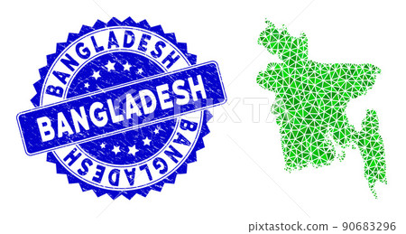 Rosette Textured Stamp and Green Vector Polygonal Bangladesh Map mosaic 90683296