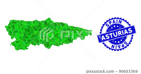 Rosette Distress Stamp Seal and Green Vector Polygonal Asturias Province Map mosaic 90683369