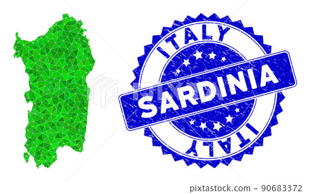 Rosette Distress Stamp Seal with Green Vector Triangle Filled Italian Sardinia Island Map mosaic Rosette Distress Stamp Seal with Green Vector Triangle Filled Italian Sardinia Island Map mosaic 90683372