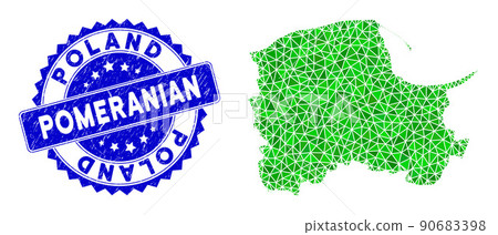 Rosette Grunge Stamp Seal and Green Vector Lowpoly Pomeranian Voivodeship Map mosaic Rosette Grunge Stamp Seal and Green Vector Lowpoly Pomeranian Voivodeship Map mosaic 90683398