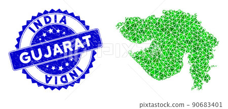 Rosette Scratched Seal With Green Vector Polygonal Gujarat State Map mosaic 90683401