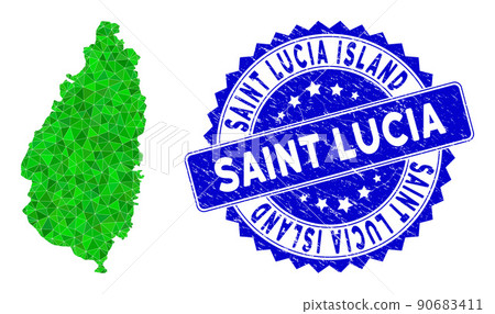 Rosette Distress Badge With Green Vector Lowpoly Saint Lucia Island Map mosaic Rosette Distress Badge With Green Vector Lowpoly Saint Lucia Island Map mosaic 90683411