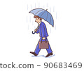 一個年輕的工薪族在大雨天帶著雨傘前往商業目的地 90683469
