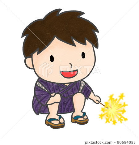 Colored pencil hand-drawn illustration boy enjoying fireworks with a smile 90684085