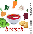 tomato soup with vegetables and herbs.Illustration of national Ukrainian borscht. Ingredients for making borscht. Borscht on a white background milking the menu of restaurants, Ukrainian cuisine. 90684551