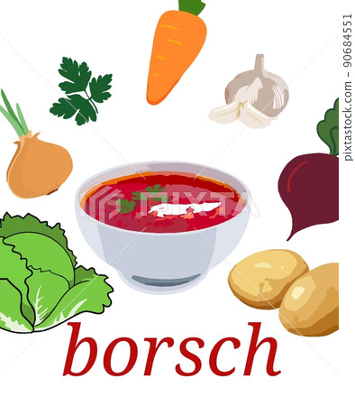 tomato soup with vegetables and herbs.Illustration of national Ukrainian borscht. Ingredients for making borscht. Borscht on a white background milking the menu of restaurants, Ukrainian cuisine. tomato soup with vegetables and herbs.Illustration of national Ukrainian borscht. Ingredients for making borscht. Borscht on a white background milking the menu of restaurants, Ukrainian cuisine. 90684551
