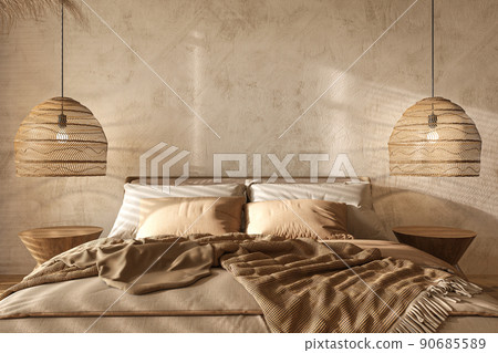 Boho scandinavian style in farmhouse interior. Beige bedroom with natural wooden furniture, shutters and dry plants. 3d rendering illustration. 90685589