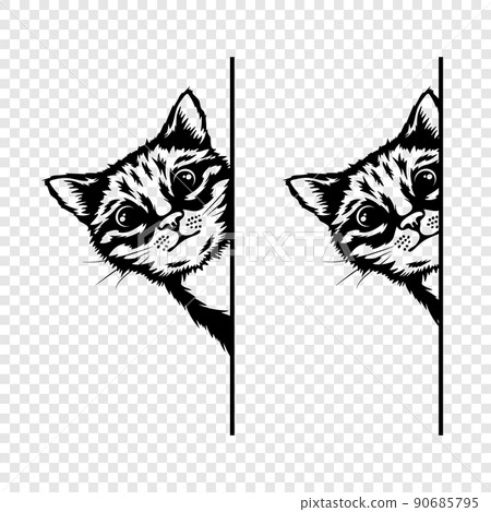 Vector Monochrome Hand Drawm Black, White Hiding Peeking Kitten. Peeking Kitten Head. Cat Peeks Out from Around the Surface, Corner. Pet Kitten Curiously Peeking Behind White Background 90685795
