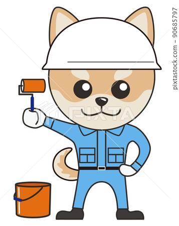 Illustration of a Shiba Inu wearing a helmet and wearing work clothes with rollers 90685797
