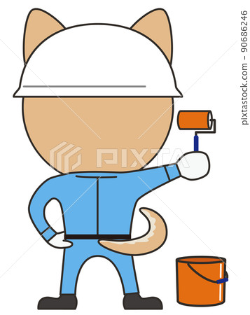 Illustration of a Shiba Inu in the back, wearing work clothes and a helmet, and holding a roller in his hand Illustration of a Shiba Inu in the back, wearing work clothes and a helmet, and holding a roller in his hand 90686246
