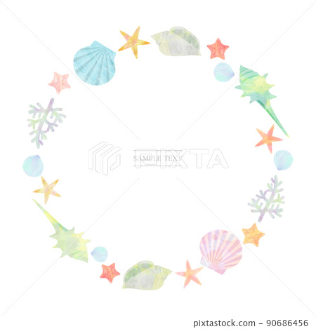 Circular frame of shellfish (watercolor style vector) 90686456