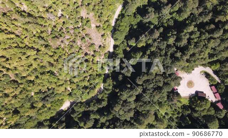 Mountian Forest Road Driving Aerial View Mountian Forest Road Driving Aerial View 90686770