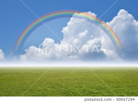 An eternal field with a continuous horizon, a summer landscape with a rainbow and cumulonimbus clouds An eternal field with a continuous horizon, a summer landscape with a rainbow and cumulonimbus clouds 90687294
