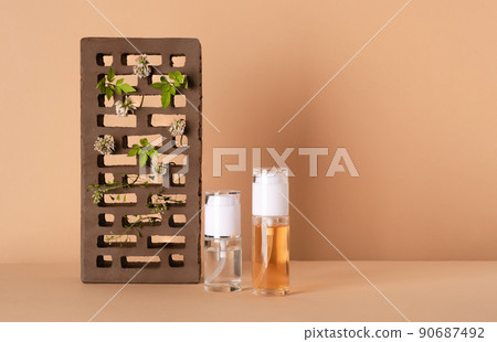 Liquid cosmetics with wild plants in brick holes 90687492