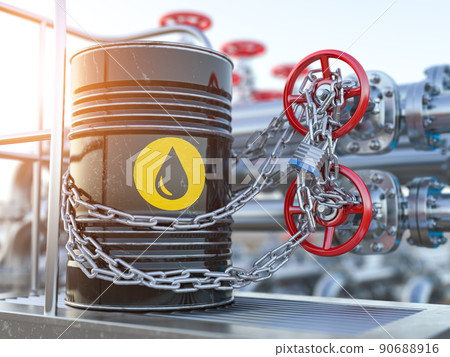 Oil crisis concept. Oil barrel and oil pipe line locked with chain. 90688916