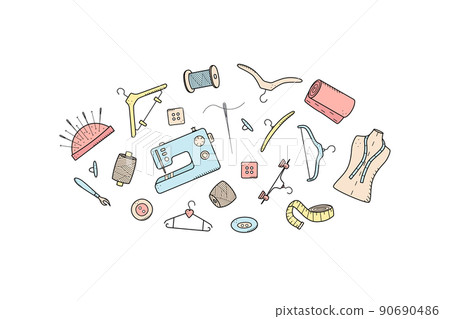 Tools for sewing and needlework. Doodle icon set tailoring, vector illustration thread needles mannequin sewing machine hangers buttons Tools for sewing and needlework. Doodle icon set tailoring, vector illustration thread needles mannequin sewing machine hangers buttons 90690486