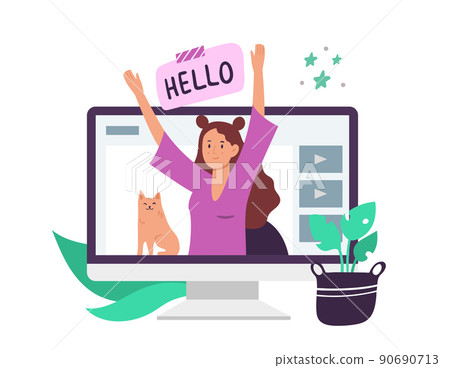 Video bloggers. Young girl on desktop computer screen greeting followers. Female character with cat having channel 90690713