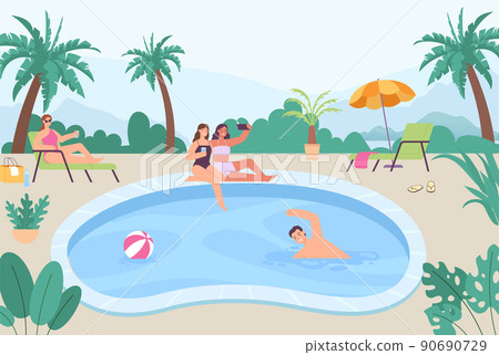 People at outdoor swimming pool. Women friends sitting on border and taking selfie photo on smartphone 90690729