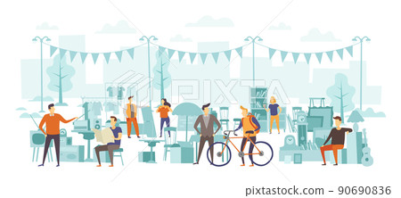 Flea market with people buying second hand goods. Street fair with sellers selling vintage furniture, clothing 90690836