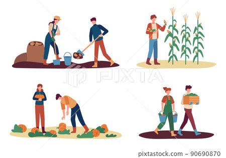 Autumn harvest. Female and male farm workers gathering crops. Man digging up potato, collecting corn. Couple picking up pumpkins Autumn harvest. Female and male farm workers gathering crops. Man digging up potato, collecting corn. Couple picking up pumpkins 90690870