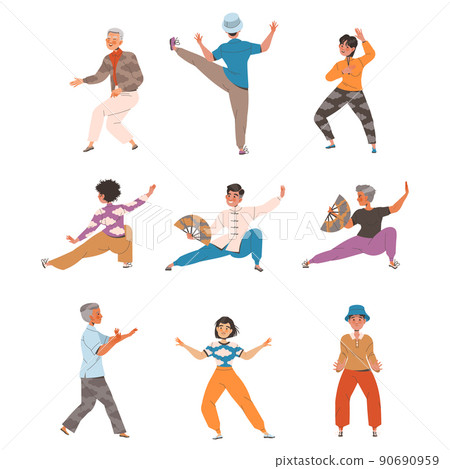People Character with Fan Practicing Tai Chi and Qigong Exercise as Internal Chinese Martial Art Vector Illustration Set People Character with Fan Practicing Tai Chi and Qigong Exercise as Internal Chinese Martial Art Vector Illustration Set 90690959