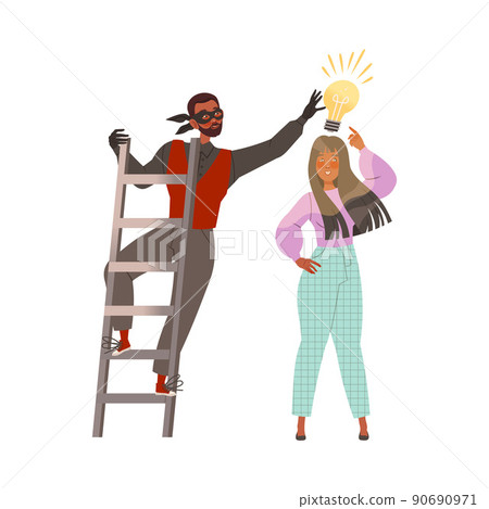 Man on Ladder Stealing Light Bulb from Woman Head as Smart Idea and Solution Vector Illustration 90690971