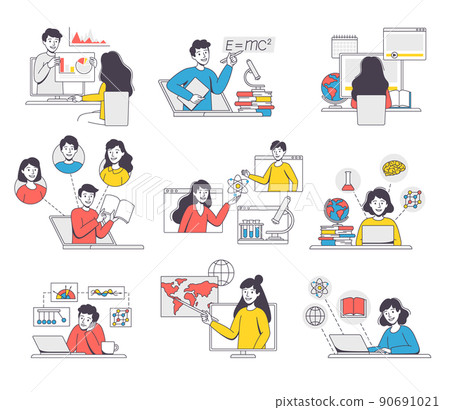 Online Learning with Man and Woman Student and Instructor Engaged in Virtual Classes Outline Vector Set 90691021