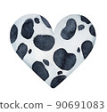 Water color illustration of heart shape with black and white spotted pattern. Handdrawn watercolour graphic drawing, cut out clip art element for creative design, t-shirt print, banner, card, poster. 90691083