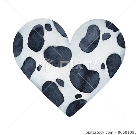 Water color illustration of heart shape with black and white spotted pattern. Handdrawn watercolour graphic drawing, cut out clip art element for creative design, t-shirt print, banner, card, poster. 90691083
