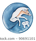 Water color illustration of smiling whippet dog lying on round dark navy blue pet bed under flyffy blanket and sleep eye mask with cute bunny ears. Hand painted watercolour graphic drawing on white. 90691101