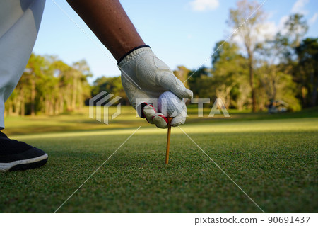 Hand hold golf ball with tee on course, golf course background. Hand hold golf ball with tee on course, golf course background. 90691437