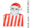 Cute little smiling kitten wearing bright red Santa hat, sitting in big gift box with red and white striped pattern. Hand painted water color graphic sketch, isolated element for card, poster, banner. 90691862