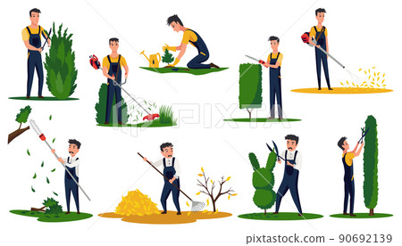 Professional gardeners with different tools and poses. Maintenance performing, plants and lawn care, pruning bush leaves. Man using garden machinery, equipment and tools 90692139