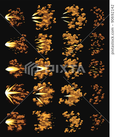 Gun flashes or gunshot animation. Collection of fire explosion effect during the shot with the gun. Cartoon flash effect of bullet starts. Shotgun fire, muzzle flash and explode 90692142