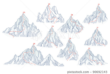 Mountains climbing routes to top rock with red flag on peak. Business journeys path in progress, way to success or concept of goal. Vector polygon dot connect line style 90692143