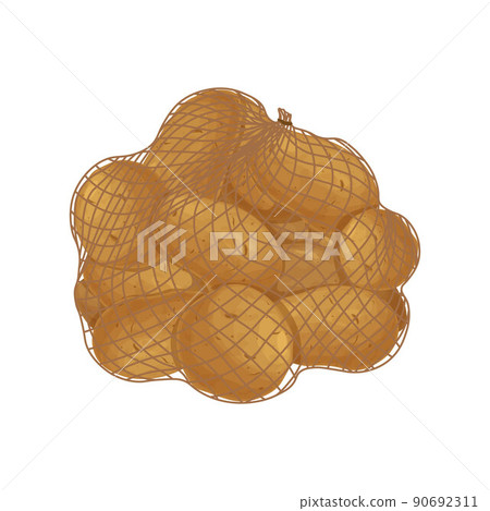 Potatoes in a string bag. Potatoes in a bag. Vegetables from the garden. Potato tubers. Vegetarian product,vector illustration Potatoes in a string bag. Potatoes in a bag. Vegetables from the garden. Potato tubers. Vegetarian product,vector illustration 90692311