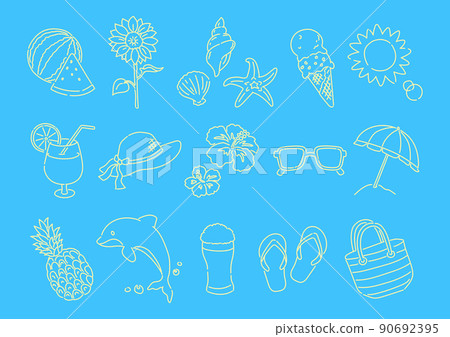 Set of summer image illustrations. Materials for icons and illustrations. Color line drawings. 90692395
