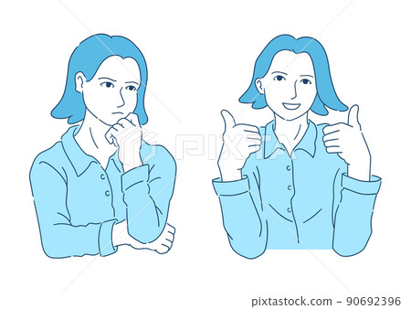 Female pose illustration. Solving problems. Facial expression set. Worrying, thinking, achieving. Female pose illustration. Solving problems. Facial expression set. Worrying, thinking, achieving. 90692396