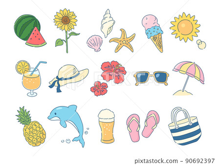 Set of summer image illustrations. Materials for icons and illustrations. Line drawings and painting. 90692397
