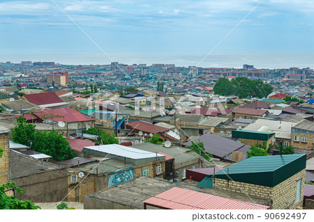 top view of the historical quarters magals and the Caspian Sea in the distance from the wall of the citadel to the city of Derbent 90692497