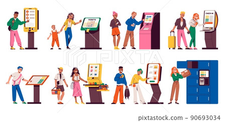 Ordering kiosks. People use public payment touchscreens, modern digital automatic services, tickets and food electronic orders and purchases, self-service atm, tidy vector cartoon flat set 90693034