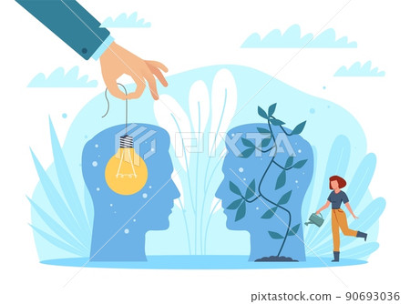 Inspire and motivate. Creative inspirational idea, light bulb and watering plant as symbol of creative process, woman brainstorming. Vector cartoon flat style tiny person concept 90693036